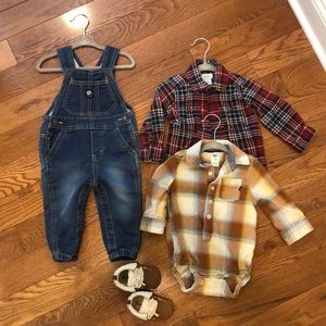 Baby Boys overalls, flannel onesies and moccasin